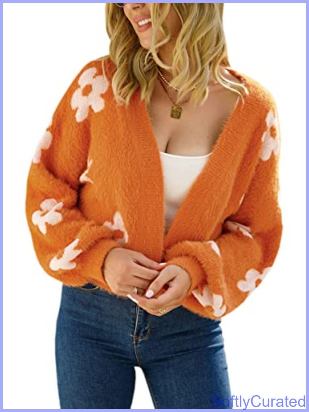 Women's Cropped Floral Cardigan Long Sleeve Open Front Knit Sweater - Picture 1 of 6